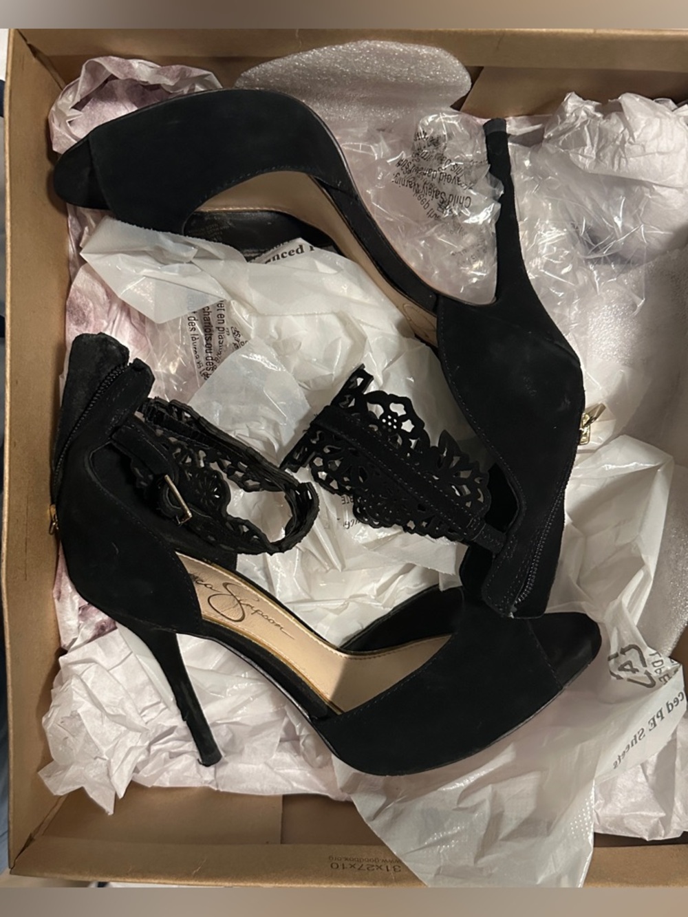 Jessica Simpson Black Suede High Heel Sandals with Lace Detail